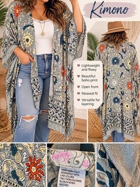 Free People Boho Floral Kimono Wrap Jacket - Sage Blue Multi